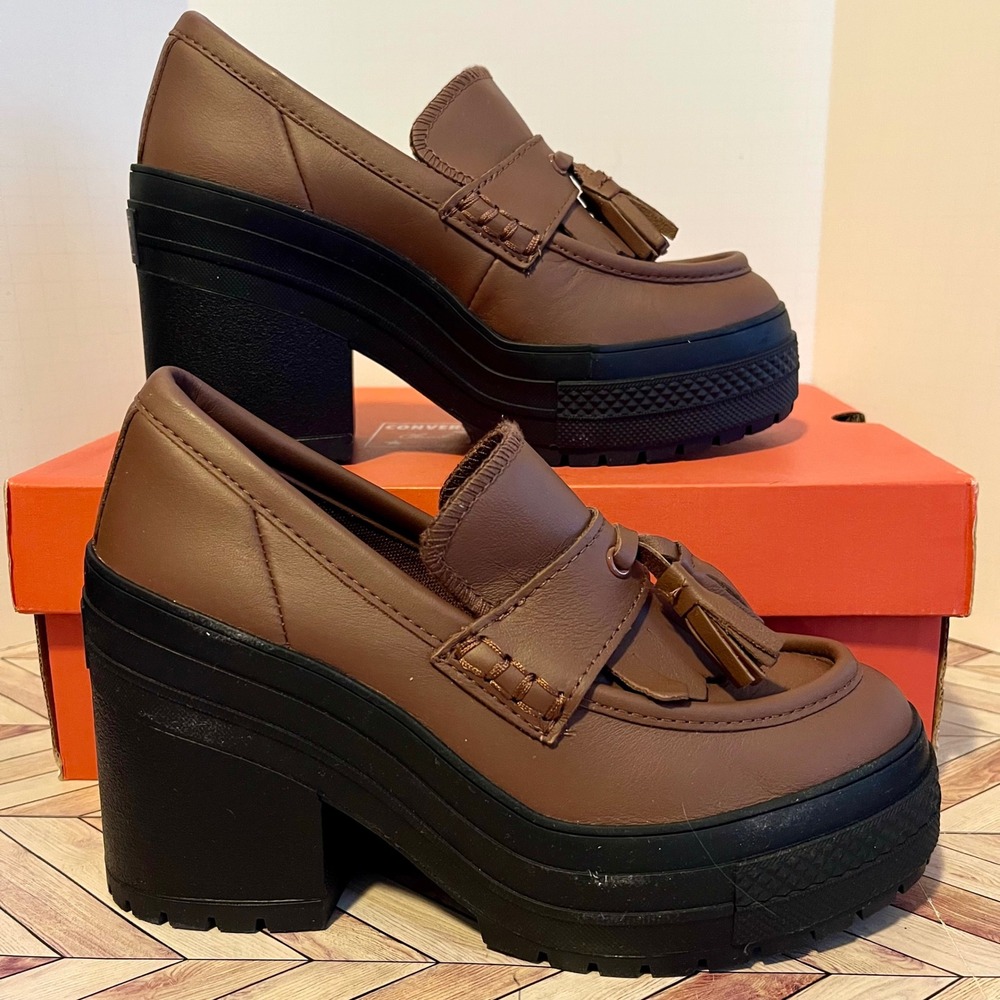 Converse Chuck 70 De Luxe‎ Heel Loafer Platform Leather Wmn 7 Dark Roast A14715C